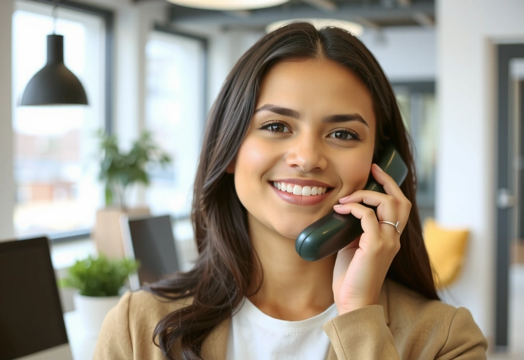 O persoană zâmbitoare care răspunde la telefon, simbolizând comunicarea deschisă și suportul clienților.