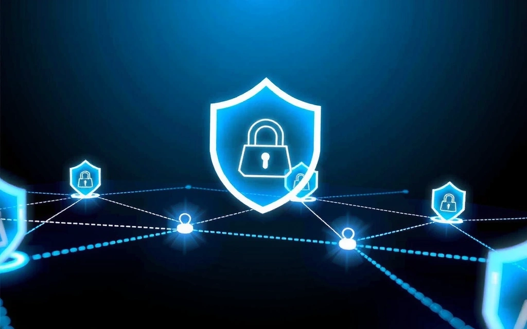 Ilustrație a unei rețele de conexiuni digitale, simbolizând partajarea securizată a datelor și interacțiunile online