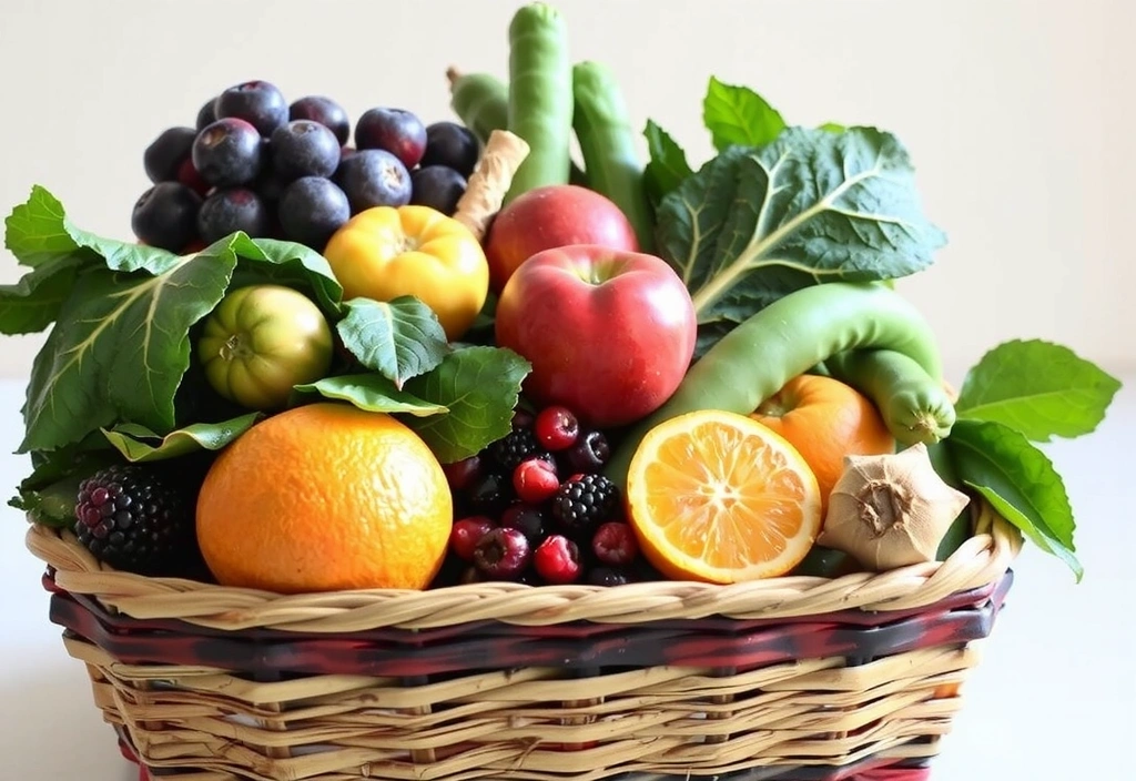 Coș plin cu fructe și legume proaspete