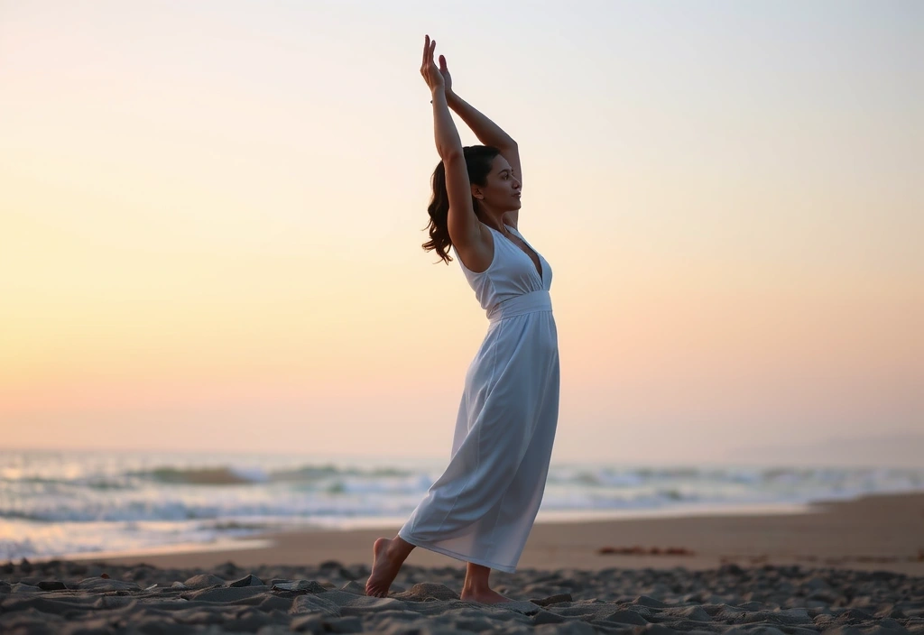 Femeie practicând yoga pe malul mării