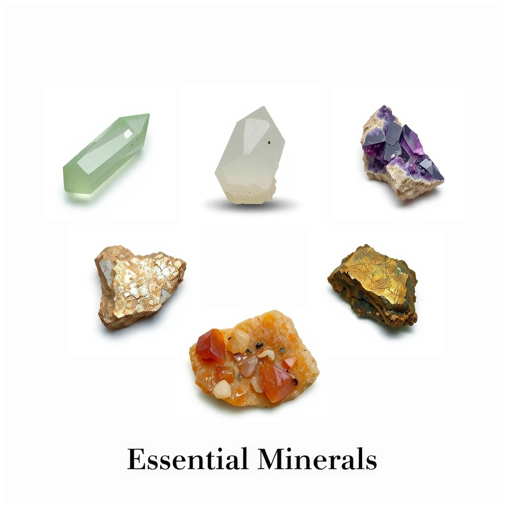 O imagine minimalistă cu diverse roci sau cristale minerale, simbolizând mineralele esențiale.