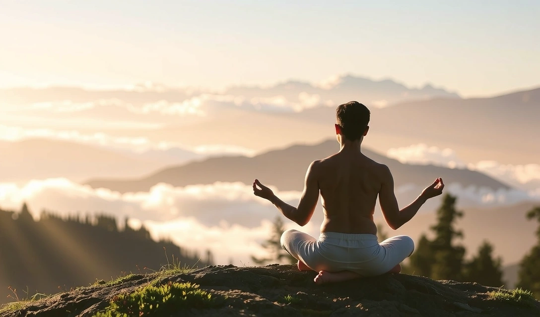 O imagine stilizată cu o persoană care meditează într-un cadru natural, reprezentând sănătatea și bunăstarea holistică.