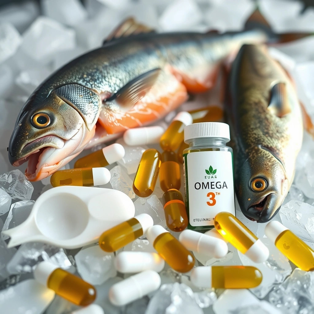 O imagine cu capsule de ulei de pește și pește proaspăt, simbolizând Omega-3.