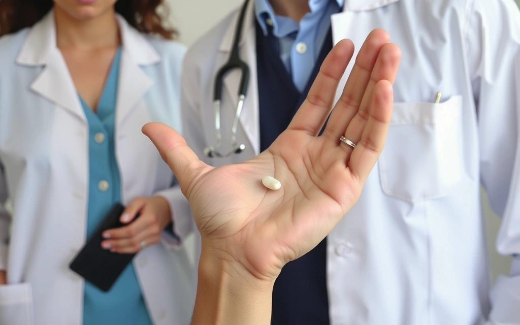 O mână care ține o pastilă, cu o siluetă de medic în fundal, simbolizând sfatul profesional și siguranța în administrarea suplimentelor.