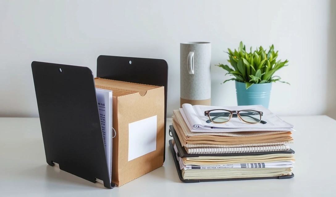 O colecție de fișiere și documente pe un birou, simbolizând resurse utile și documentație.