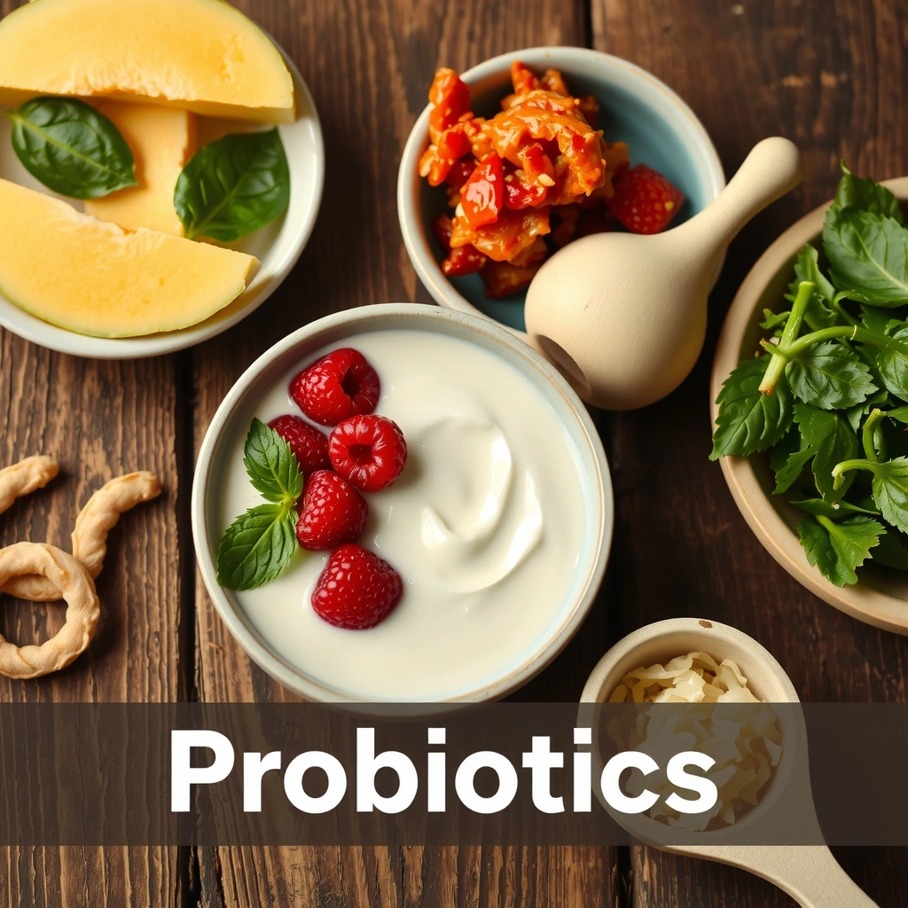 O imagine cu iaurt și alimente fermentate, simbolizând probioticele.