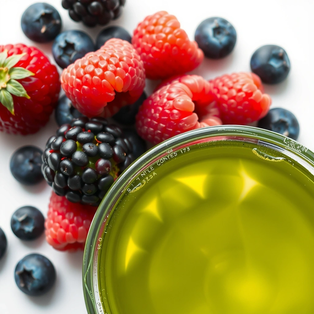 O imagine colorată cu fructe de pădure și ceai verde, simbolizând antioxidanții.