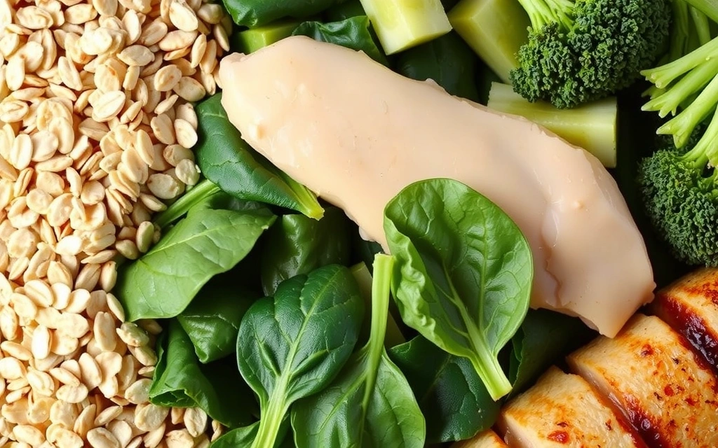 Cereale integrale, carne slabă și legume verzi, simbolizând surse de Complex B