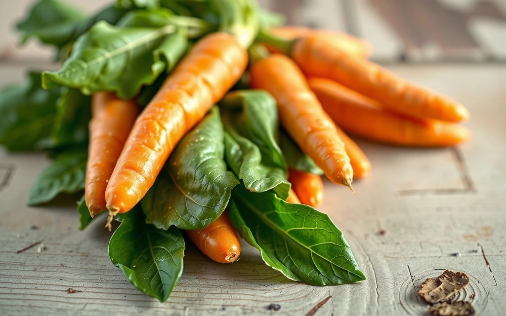 Morcovi și verdețuri proaspete, simbolizând surse de Vitamina A